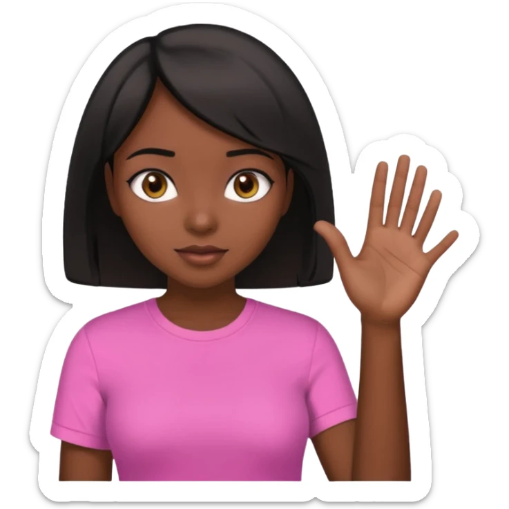 Dark skin girl asking for money with hand out make her more fabulous but still a clean look with a black bob and pink shirt  brown eye  sticker