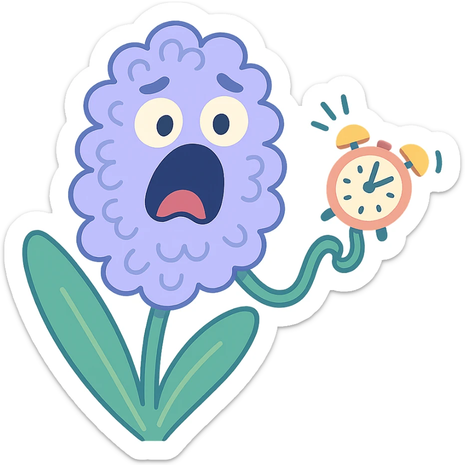 pastel blue hyacinth flower with alarmed eyes and a screaming mouth, waving a tiny alarm clock, fluffy and round, pastel toon style sticker