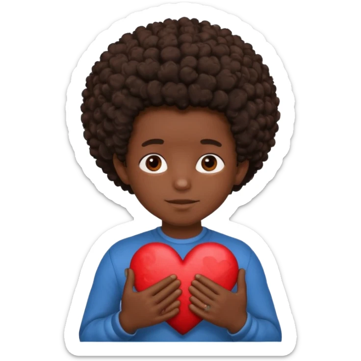 I want a black boy with chocolate skin and a small messy afro holding a heart close to his chest with his hands over the heart as if to present it to someone he loves. I want the name “Aja” on the heart. sticker