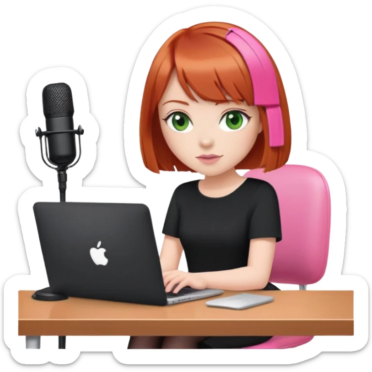  Redhead Bob with fringe with green eyes sat at desk with pink MacBook and  podcast microphone black top and pink chair  sticker