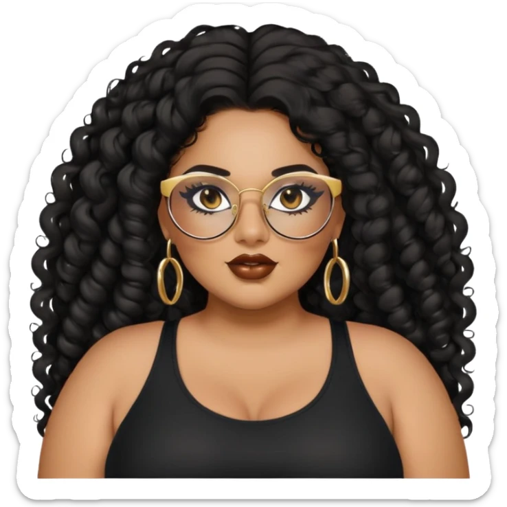 big plus size, latina, darker tan skin, gold hoops, long black curly hair, baddie,pretty, makeup, lipgloss, black eyeliner, long hair, black top, black glasses sticker