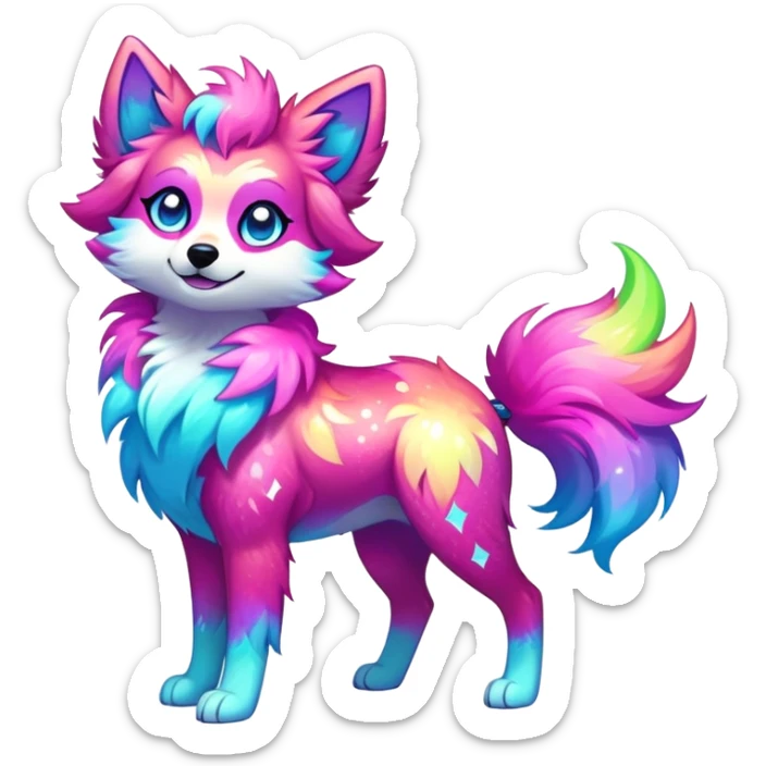 Vibrant multicolored neon-colored Falvie-Fionbri-creature-sparkle-dog-fursona, full body sticker