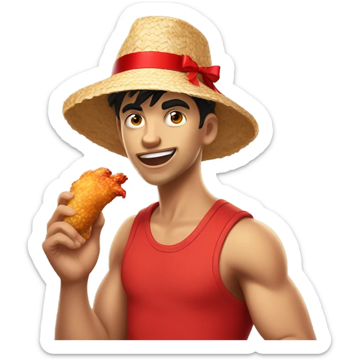Young guy with black hair in a red tank top, wearing a straw hat with a red ribbon is making an extremely goofy face and eating a cartoonish chicken leg sticker