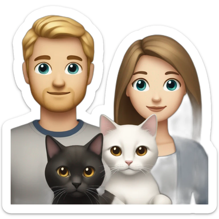 white female with blue-gray eyes and long hair with white male with brown bob hair and brown eyes holding black cat sticker