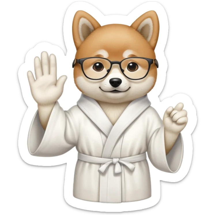 a Shiba Inu puppy wearing a white professor robe and glasses showing a piece sign with a hand sticker