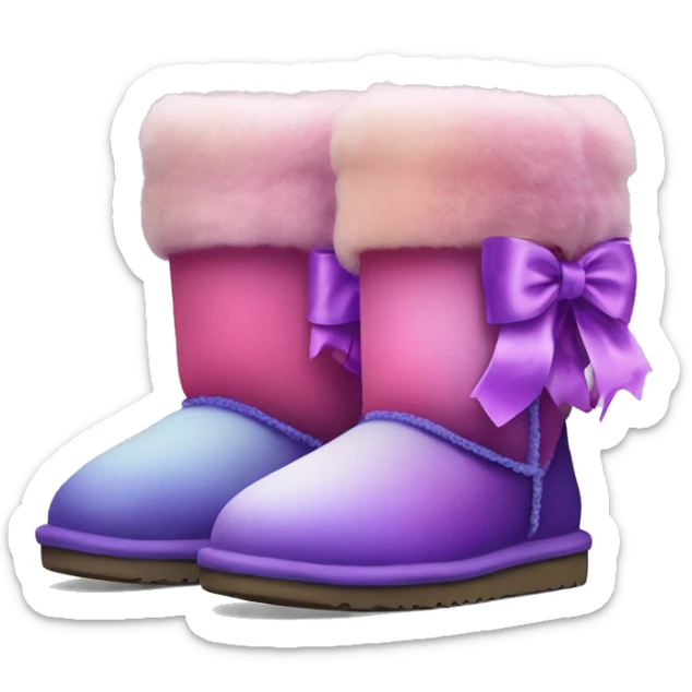 Realistic pair of pink to purple ombre fur Ugg boots with silk ribbon bows. sticker