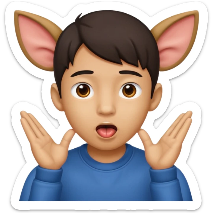 a boy with asian eyes holding his ears and with his tongue out sticker