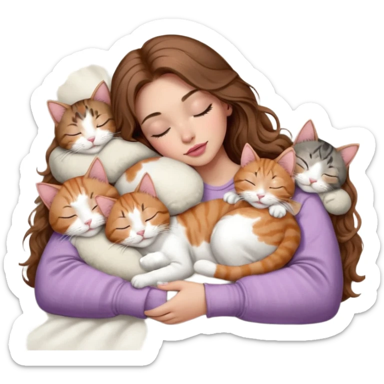 girl with long wavy brown hair, brown eyes, long lashes makeup, sexy pink lips, light to medium complexion,  sleeping on a cozy pillow, with 6 cats: 1 brown and white tabby cat, 1 ginger and white, 2 grey and white, 1 grey with white mittens and small white patch on chest and 1 calico, sleeping sticker