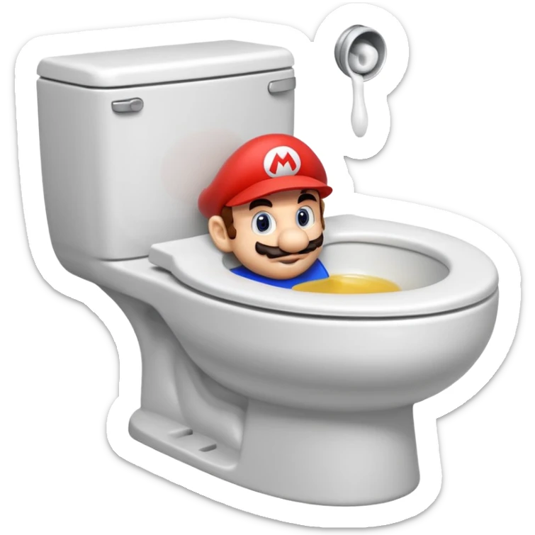 Mario's neck and head only sticking out of the middle of the bowl of a white toilet sticker