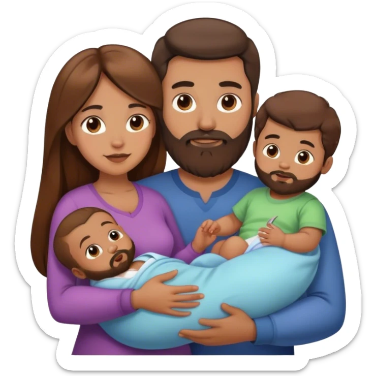 1 fils 1 bébé   1 mère cheveux long brun  1 pere brun barbu  sticker