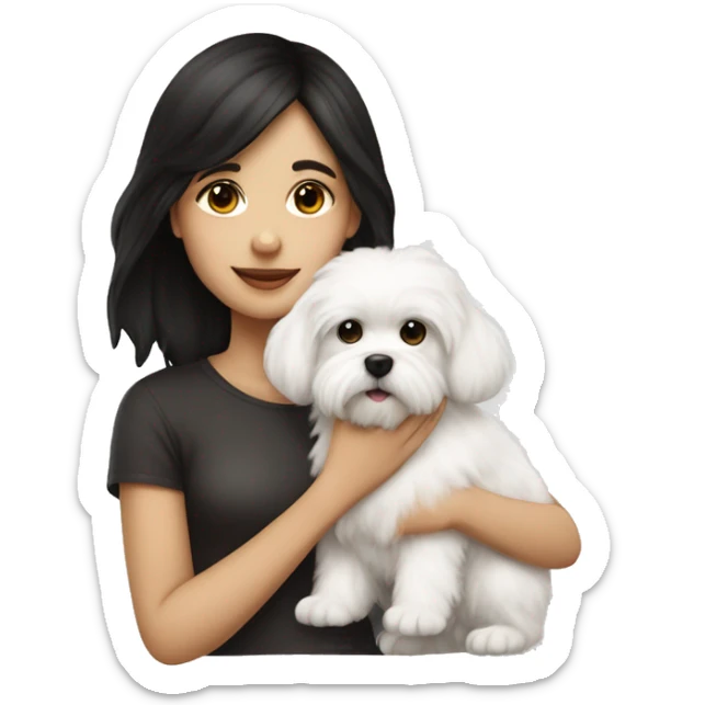A girl with dark hair and a white fluffy maltese puppy sticker