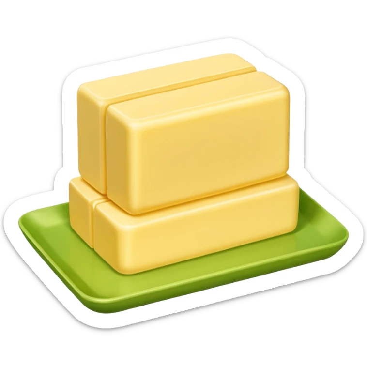 A 3D cartoon butter block identical to dairy butter, subtle green plate or tone difference, Memoji-style sticker