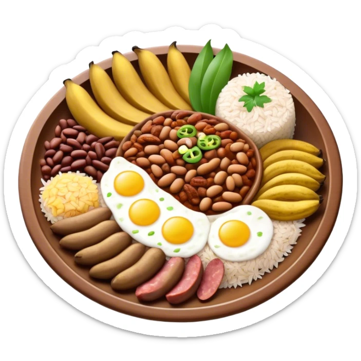 Cinematic Realistic Bandeja Paisa Dish Emoji, depicted as a hearty platter featuring beans, rice, meat, and plantains rendered with detailed textures and vibrant, robust lighting. sticker