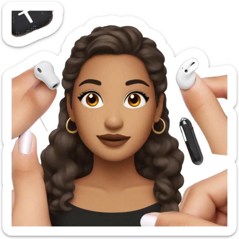 Latina makeup girl with lashes a black crop top and medium long brown hair with earrings and AirPods  sticker