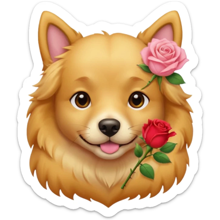 A doggie with a rose in his mouth in soft pink, beige and yellow pastel colors sticker