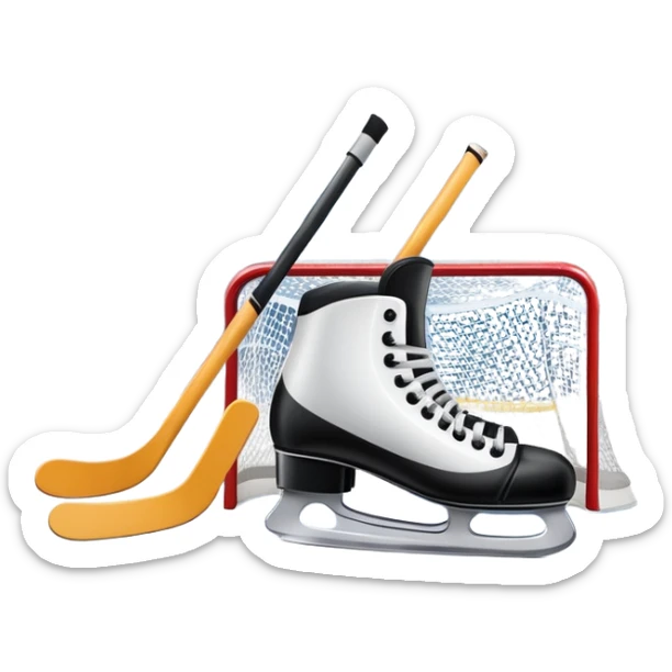An icon showing a hockey stick, puck, skates, and goalposts on the ice. The background features a large hockey stadium with cheering fans, bright lights, and a snowy landscape visible through the arena. Transparent background highlights the main hockey equipment and atmosphere. sticker