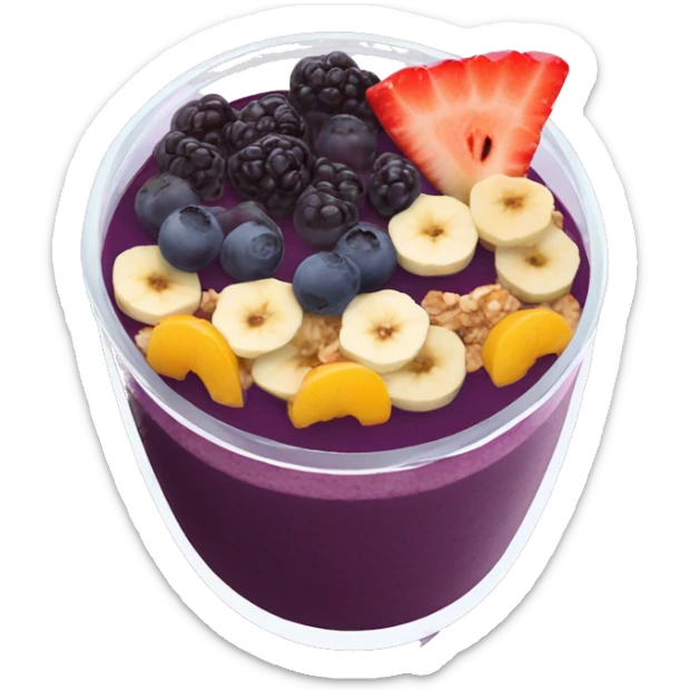 Açaí in a clear cup with layers of fruits and granola and condensed milk sticker