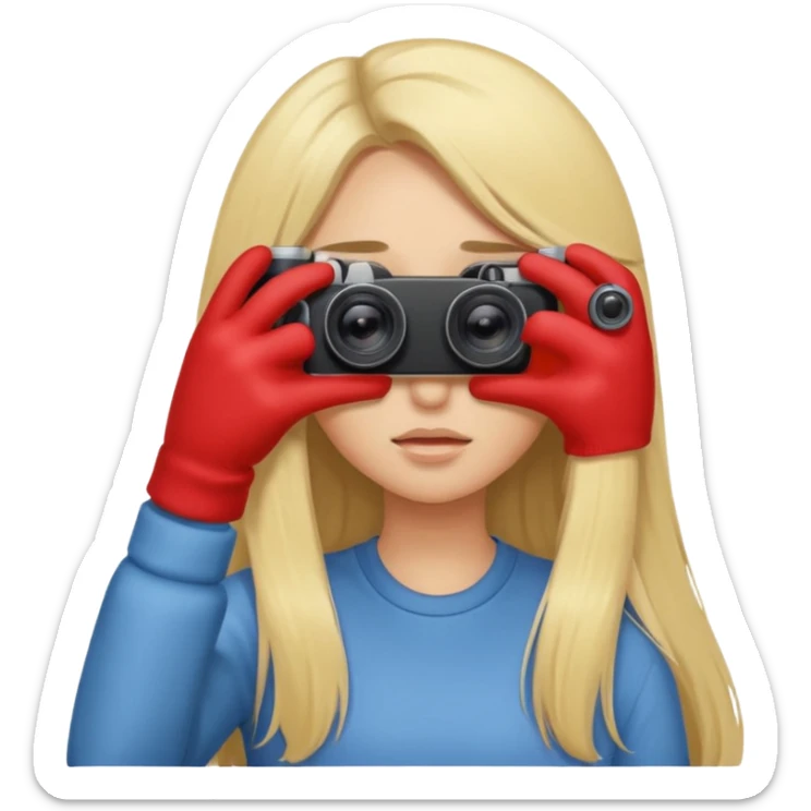 blonde cartoon girl taking picture camera in front of her face long hair over both eyes sticker