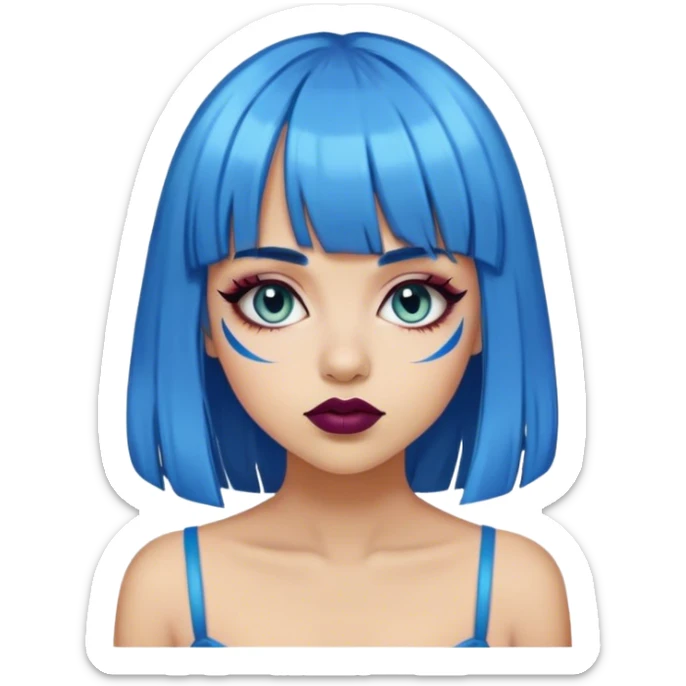 medium skine tone girl with bright blue hair and bangs with eyeliner, and dark lip liner  sticker