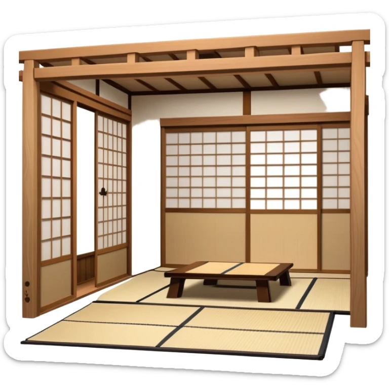 traditional Japanese house with wooden structure, sliding shoji doors, and tatami mat flooring sticker