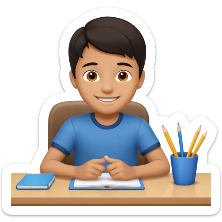 Little nice boy straight a student dark hair tan skin sitting in desk with a big smile sticker
