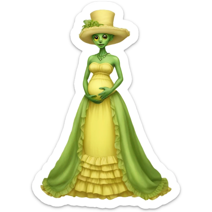 Pregnant green alien woman, full body, in victorian jellow elegant dress sticker