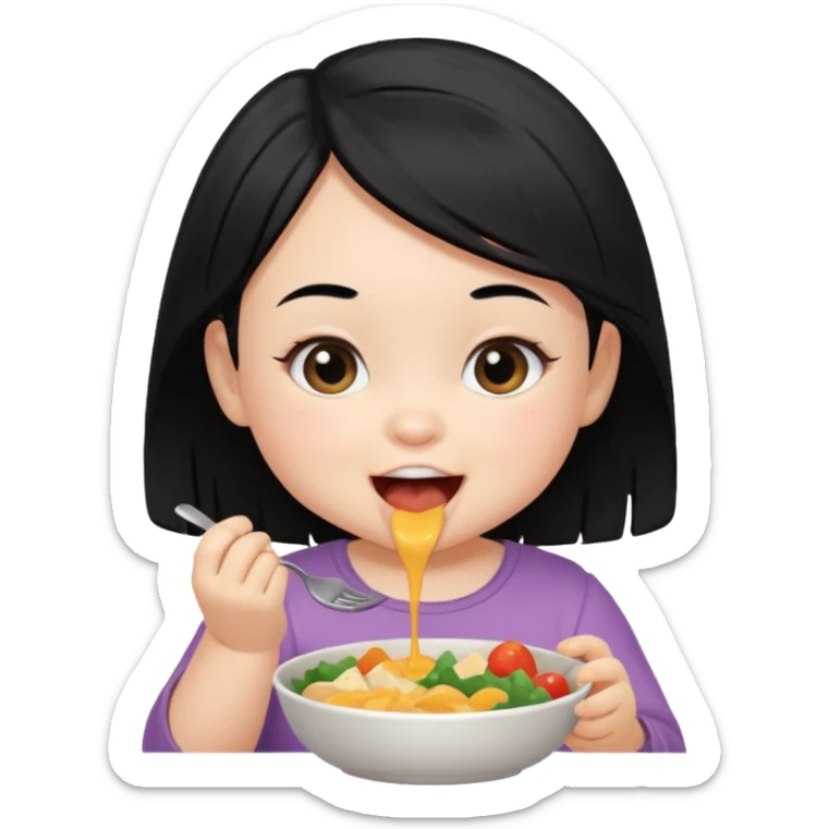 eating food well baby with happy face black hair girl sticker
