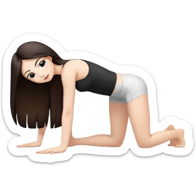 Девушка белокожая в позе собака мордой вниз, с длинными темными волосами, в коротком белом топе, в черных лосинах, с черными ресницами sticker