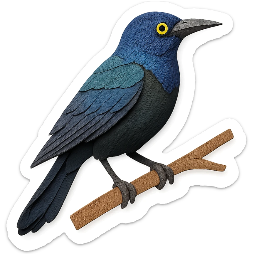 close-up of a common grackle perched on a tree branch, fine paper edges, iridescent feathers, sharp beak, yellow eye sticker