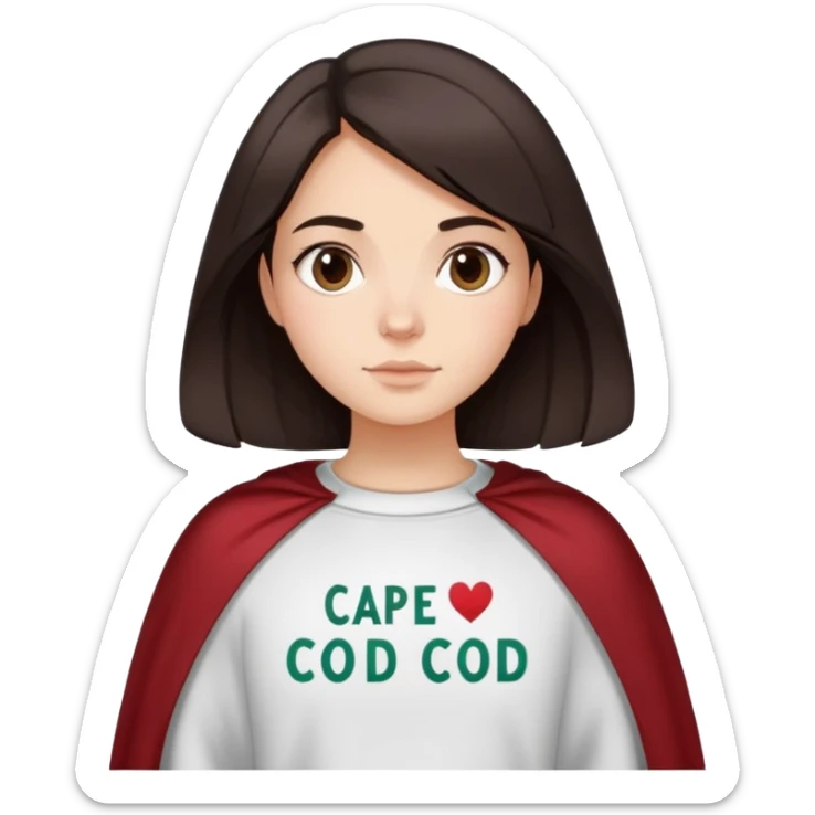 Italian girl wearing crewneck sweater that says cape cod on it, make her hair dark brown and medium length sticker