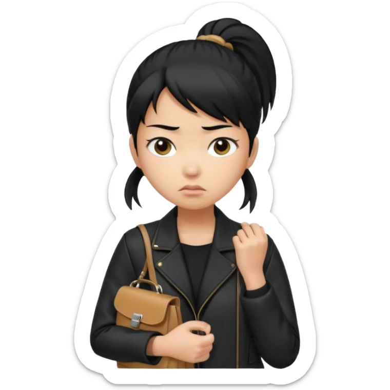 A girl with a pony tail black hair and Asian tan skin, Asian eyes, with a black jacket and a black purse, with an annoyed and confused expression on her face  sticker