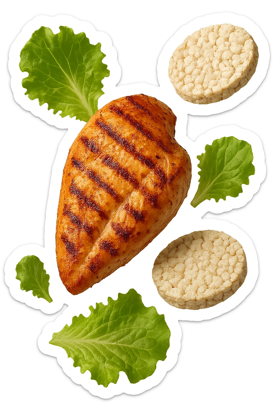 petto di pollo grigliato fluttua in aria insieme a gallette di riso e foglie di insalata, iperrealistico 4k sticker