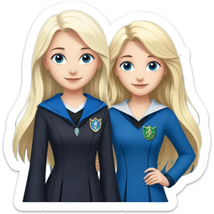 a pretty ravenclaw girl with long dark brown hair and blue eyes standing with a hot Slytherin girl with long blonde hair, blue eyes and big boobs  sticker