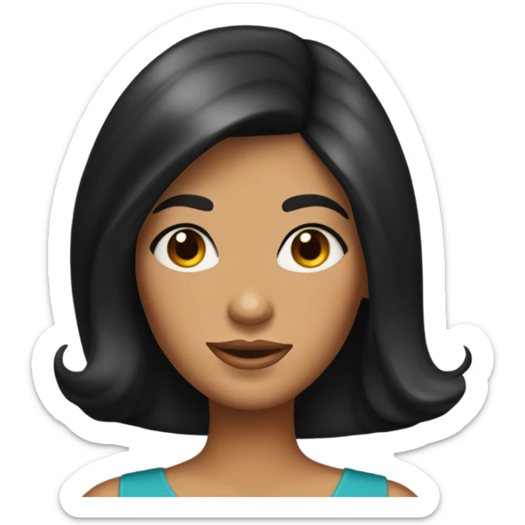 Tanned woman with long black hair wearing 1960s style outfit and hair sticker