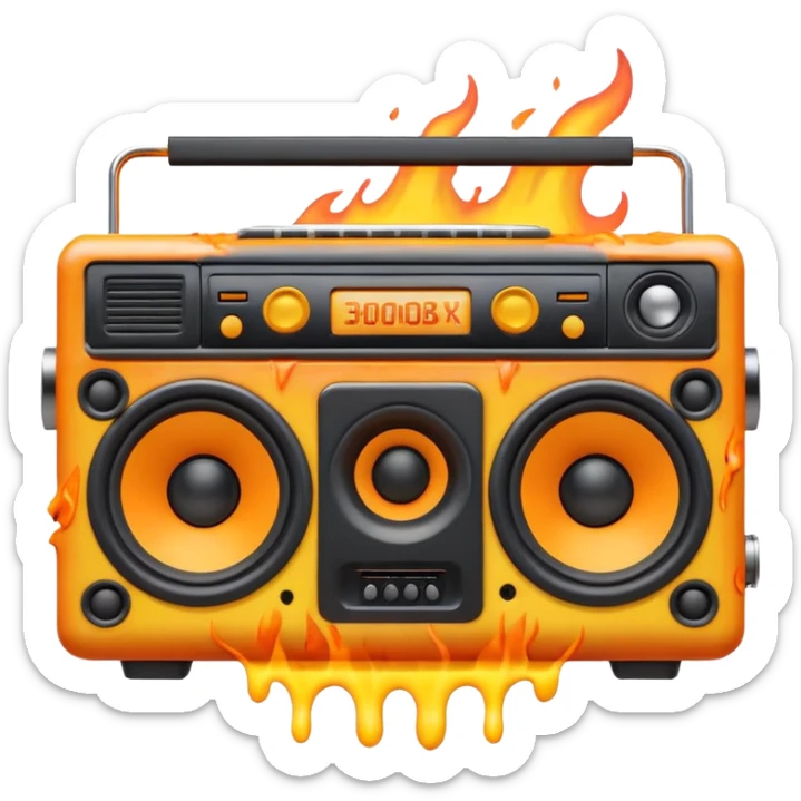A cute 3D emoji of a retro boombox speaker with a funny shocked face, melting into orange and yellow flames, vibrant "fire" colors, high-end 3D render, white background. (This is a recreation of the fire emoji) sticker