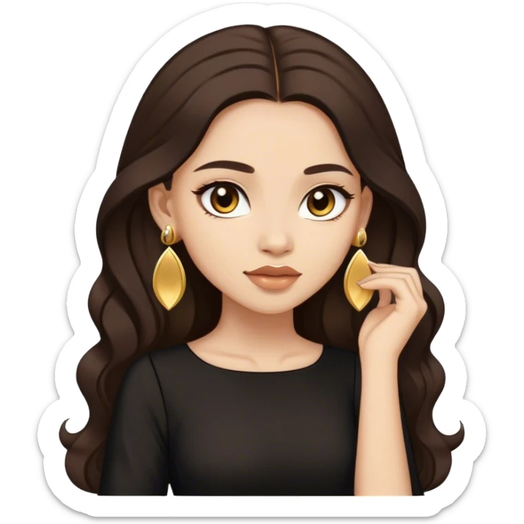 Beautiful woman,cute, long dark brown hair in dark dress with gold earrings sticker