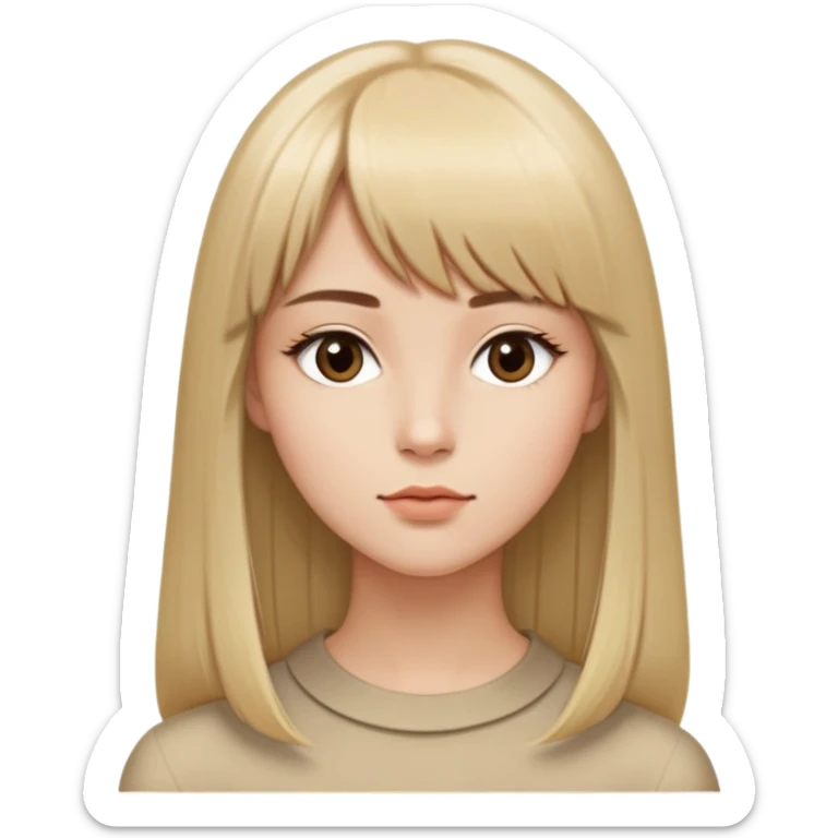 young woman, very long straight blonde hair parted in the middle with bangs, almond-shaped brown eyes, brown eyebrows, oval face with a refined jawline, small nose, medium lips, seated sideways, sharp collarbone, profile view, sticker