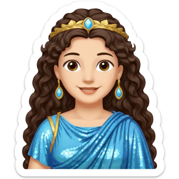 Minerva, Goddess of Wisdom from Roman Deities with long dark brown wavy hair, light blue sequin toga sticker