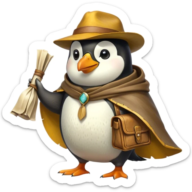 A explorer penguin inspired by Indiana Jones, wearing a weathered yellow enchanted hat and a flowing cape. It carries a leather satchel with ancient scrolls. Cartoon-style, smooth shading, highly detailed, no background sticker