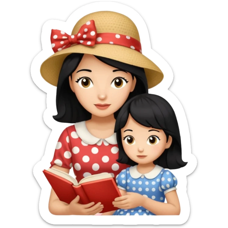 A black hair mother in a ribboned hat wearing polka dot dress reading a storybook to her child. sticker