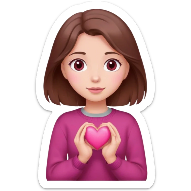 A girl with brown hair smiles, gray eyes, wearing a burgundy sweater, holding a pink heart in her hands sticker