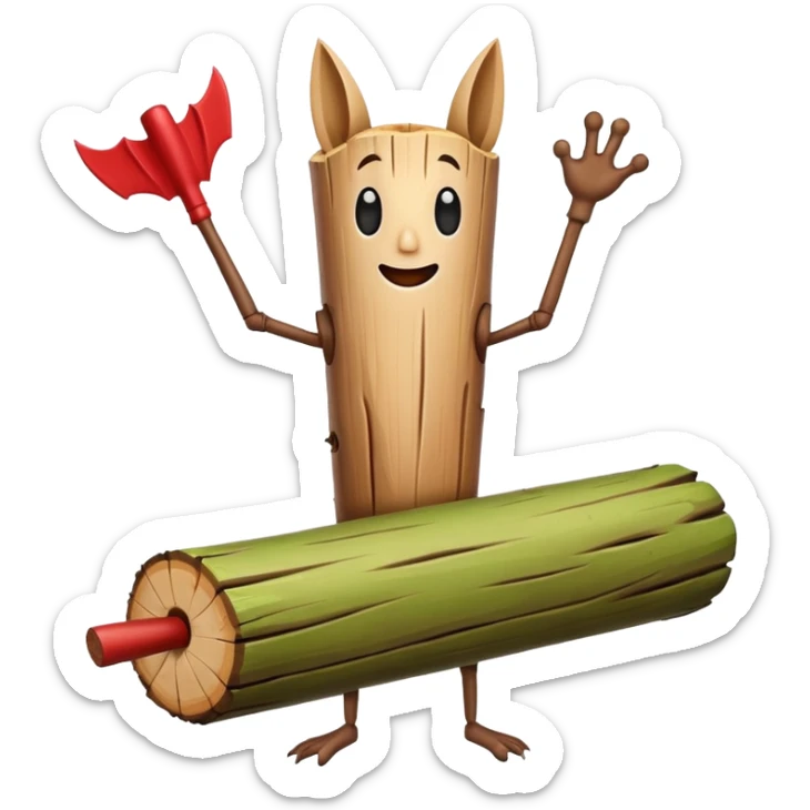 The character is an anthropomorphic wooden log with a cartoonish face, human arms and legs, and a long wooden bat, giving it a surreal, humorous appearance. sticker