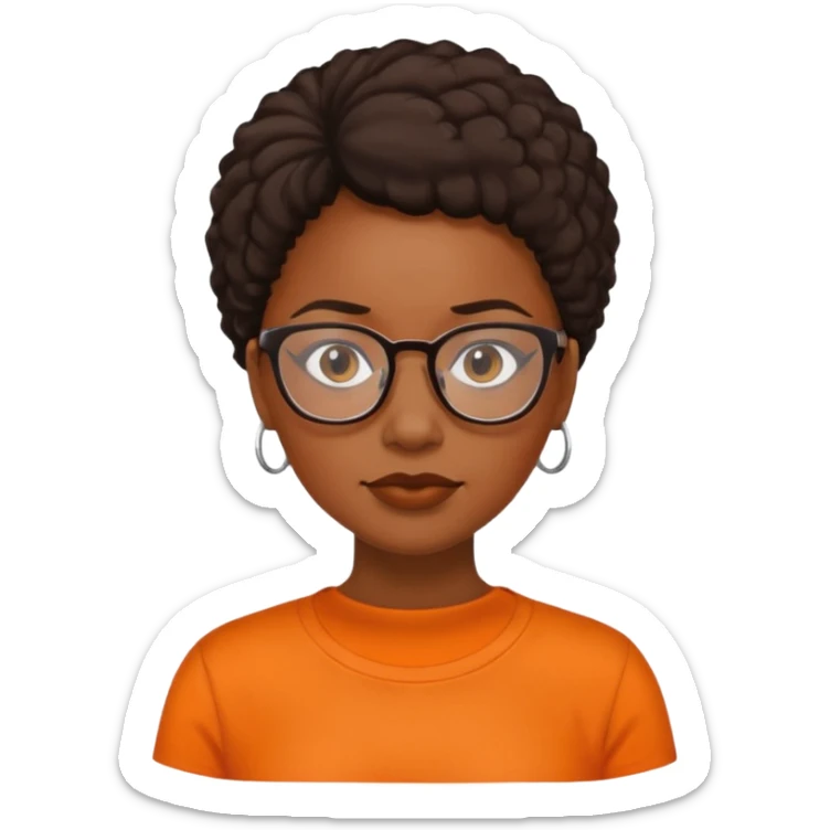 black woman with glasses, no smile and an orange shirt sticker