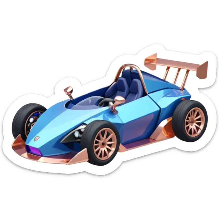dark crystal blueberry and rosegold-accented cyber faceted-body electric drift-racing car driven by a small cute relaxed chameleon with rear spoiler, roll bar, and wheely bar sticker