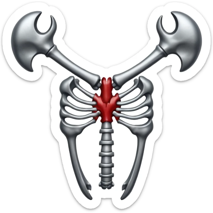 Emoji-style metallic anatomic bones with traces of blood, steel texture, dark dramatic tone, clean background sticker