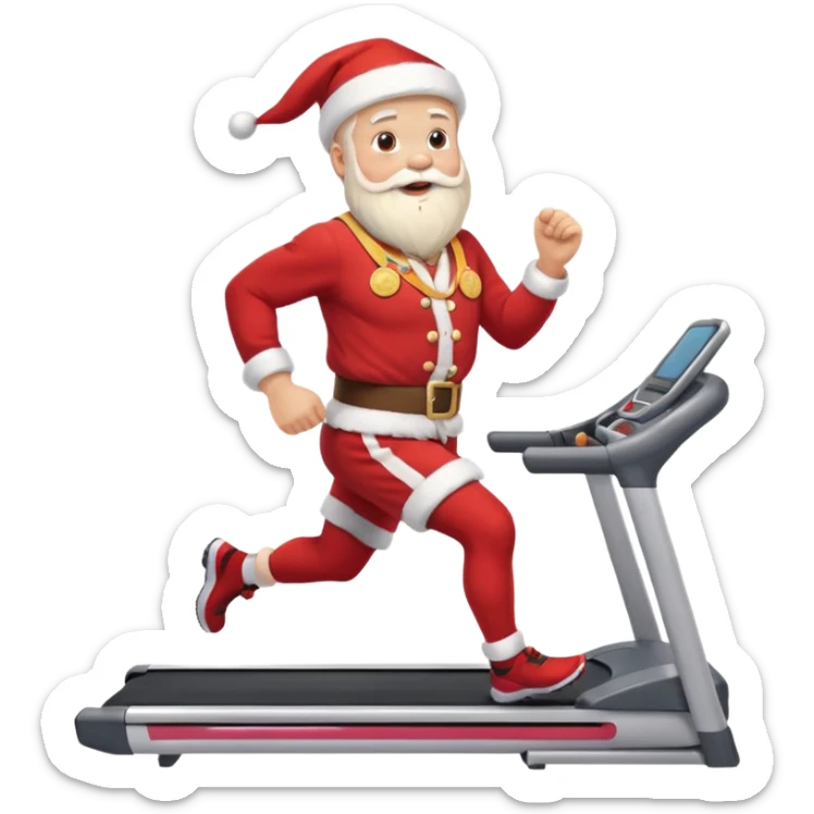 A Norwegian Santa running on a treadmill, wearing a gold medal round his neck sticker