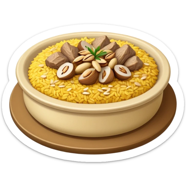 "Emoji of a Jordanian Mansaf dish — round platter with golden rice, lamb pieces, nuts on top, simple cute cartoon style, clean lines, white or transparent background." sticker