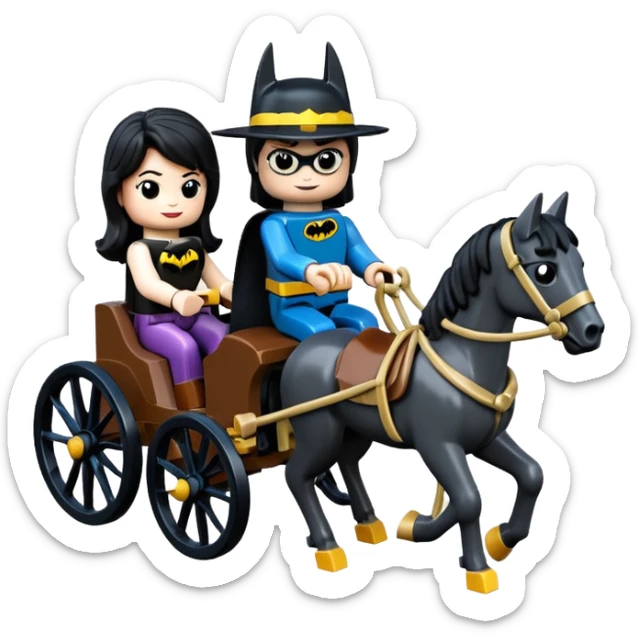 Ultra cute  Lego detailed 1854 Batman driving and pretty dark-haired Catgirl riding a horse drawn family-size Caravan alone together on a romantic trail in the woods  sticker