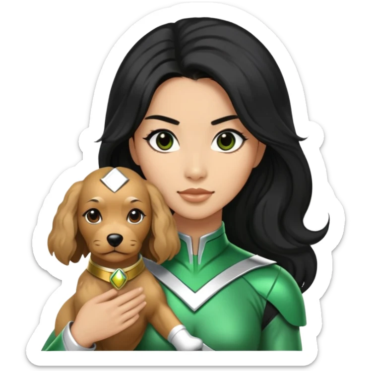 green power ranger wasian woman with long black hair and a fully light brown cockapoo dog sticker