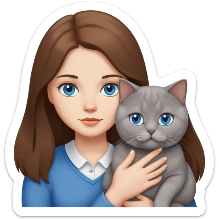White girl with blue eyes and long brown hair, holding british shothair cat sticker